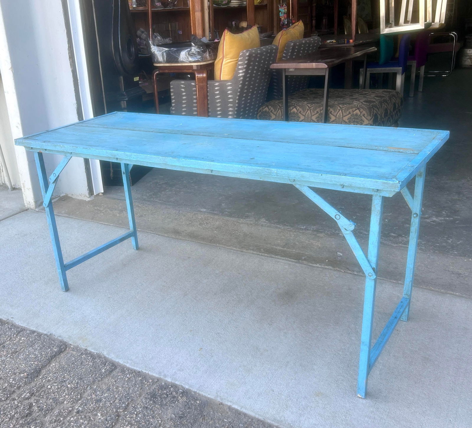 Rustic Blue Wood and Metal Folding Console Table - 7