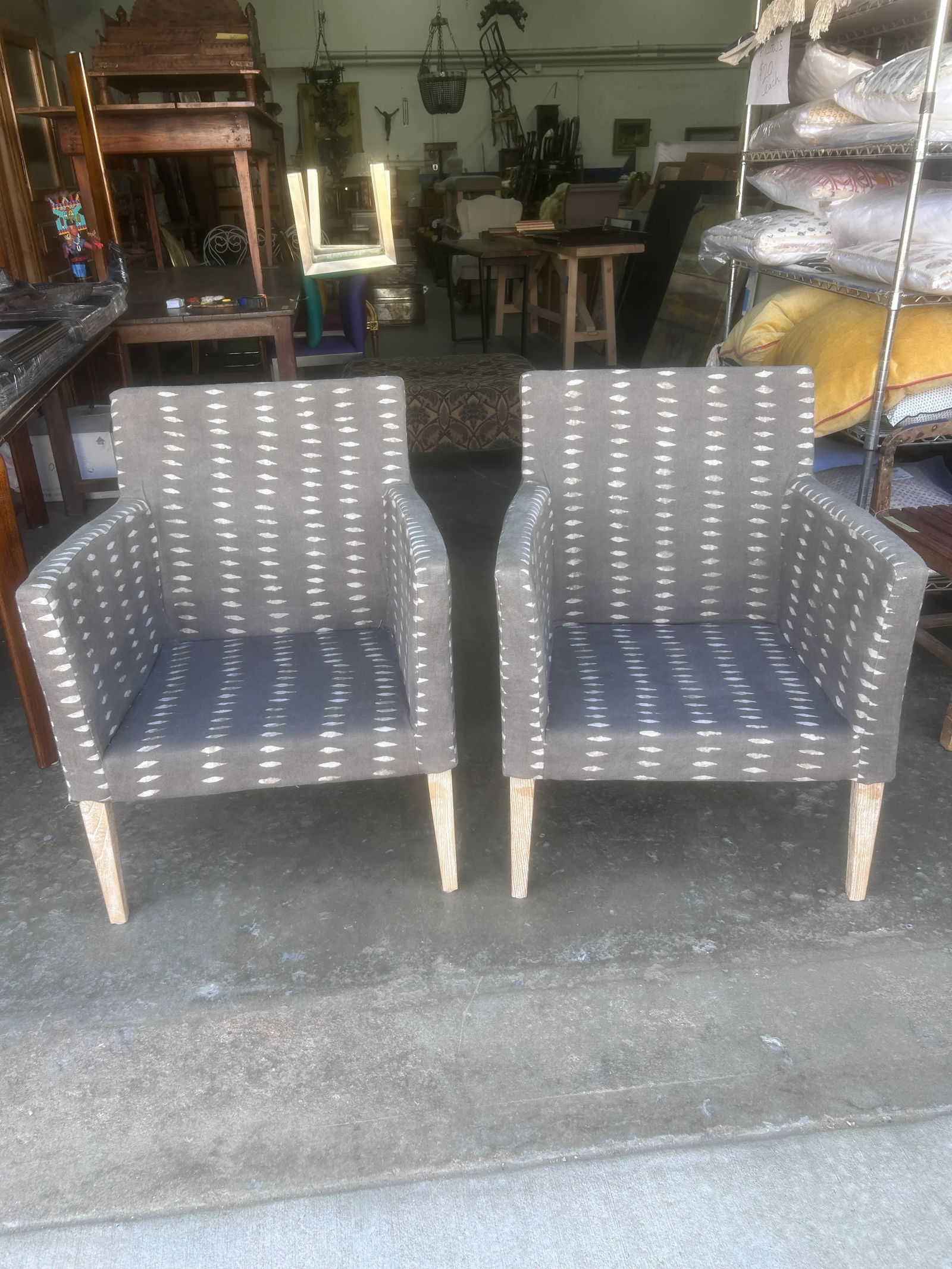 Vintage Block Print Linen Upholstered Arm Chairs, a Pair - 10