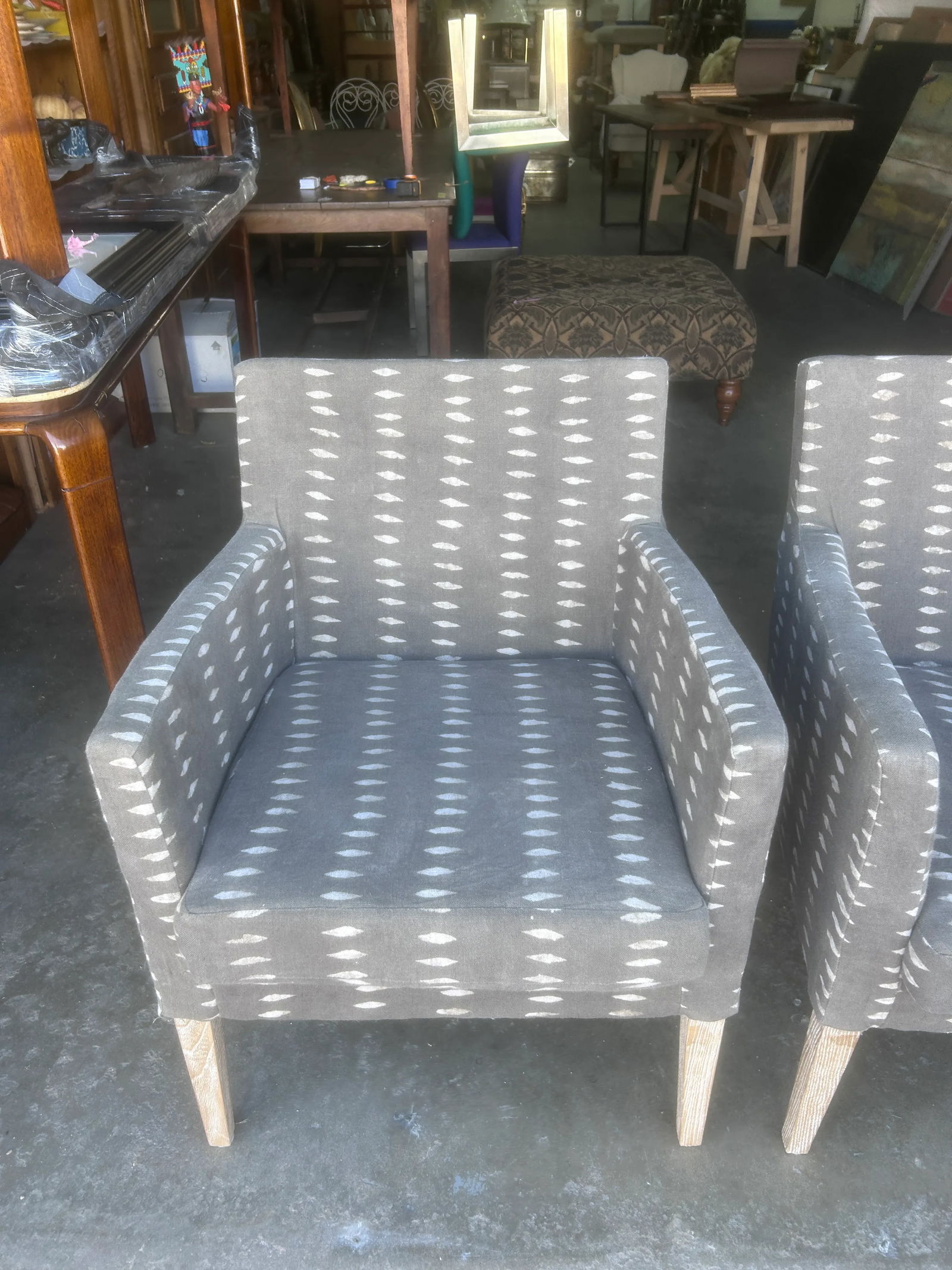 Vintage Block Print Linen Upholstered Arm Chairs, a Pair - 12