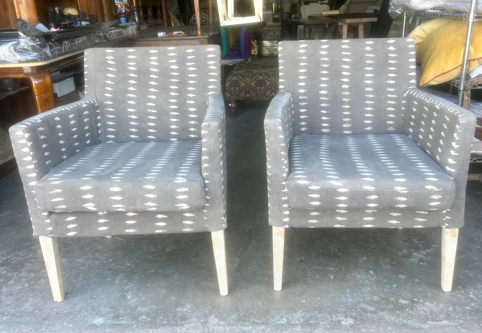 Vintage Block Print Linen Upholstered Arm Chairs, a Pair - 2