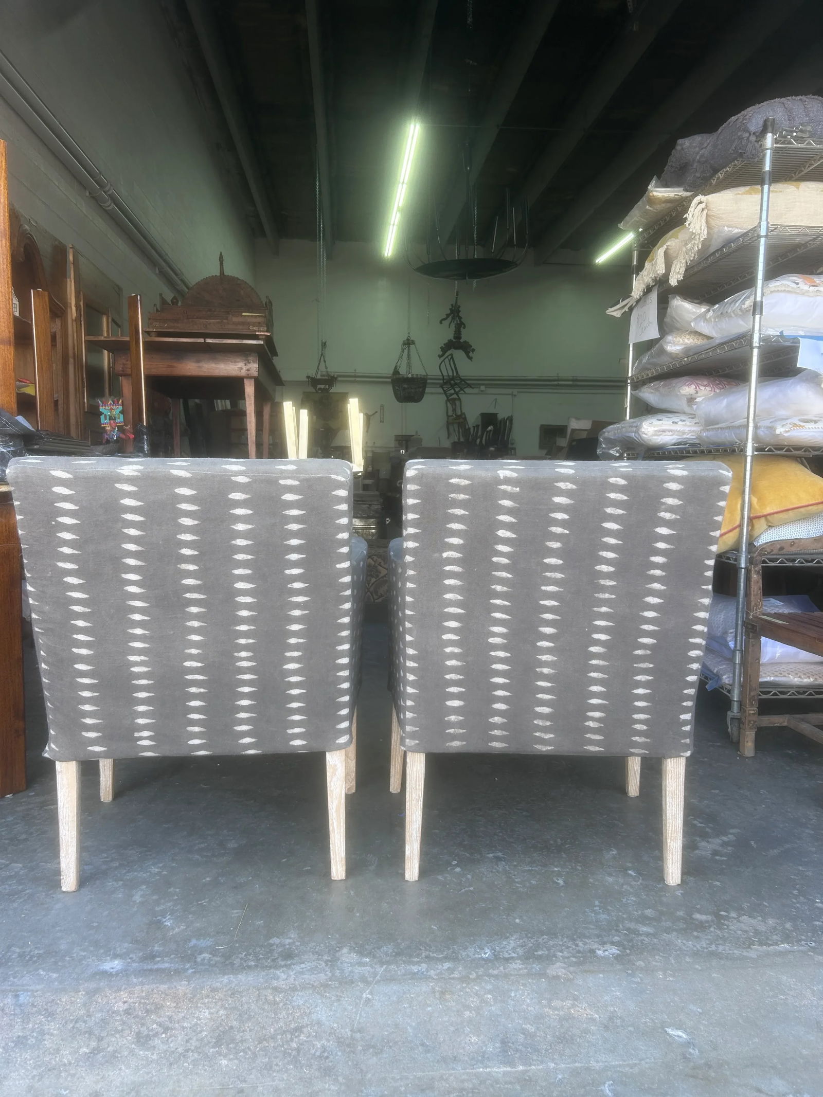 Vintage Block Print Linen Upholstered Arm Chairs, a Pair - 4