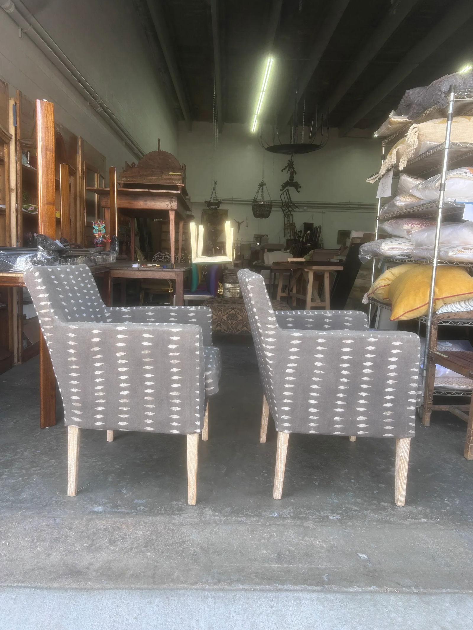 Vintage Block Print Linen Upholstered Arm Chairs, a Pair - 8