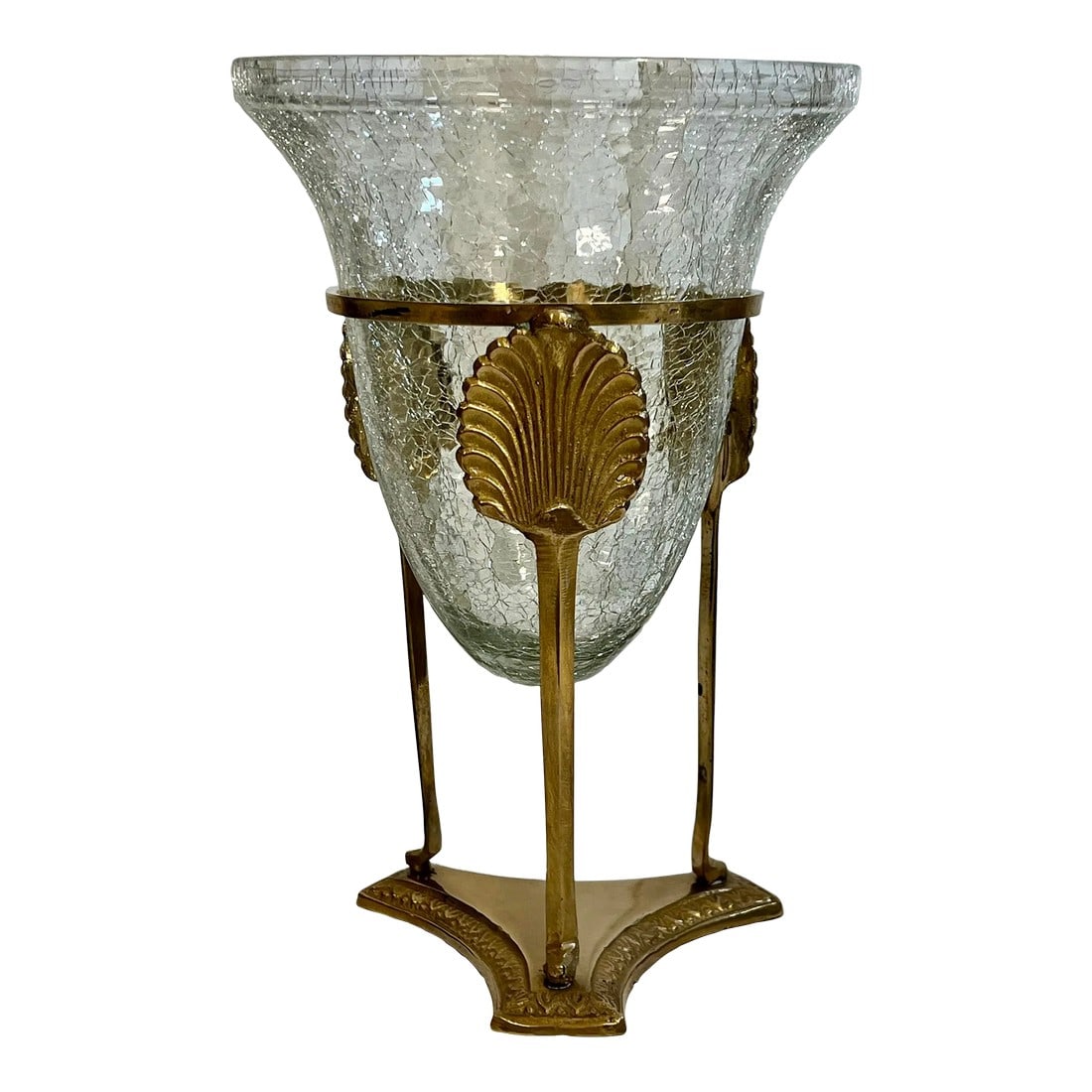 Vintage Hollywood Regency Crackled Glass Vase With Three-Footed Shell Brass Mount: Introducing the "Stunning Vintage Hollywood Regency Crackled Glass Vase with Three-Footed Shell Brass Mount - Elegant Home Decor." This exquisite vase is a true masterpiece that embodies the glamour