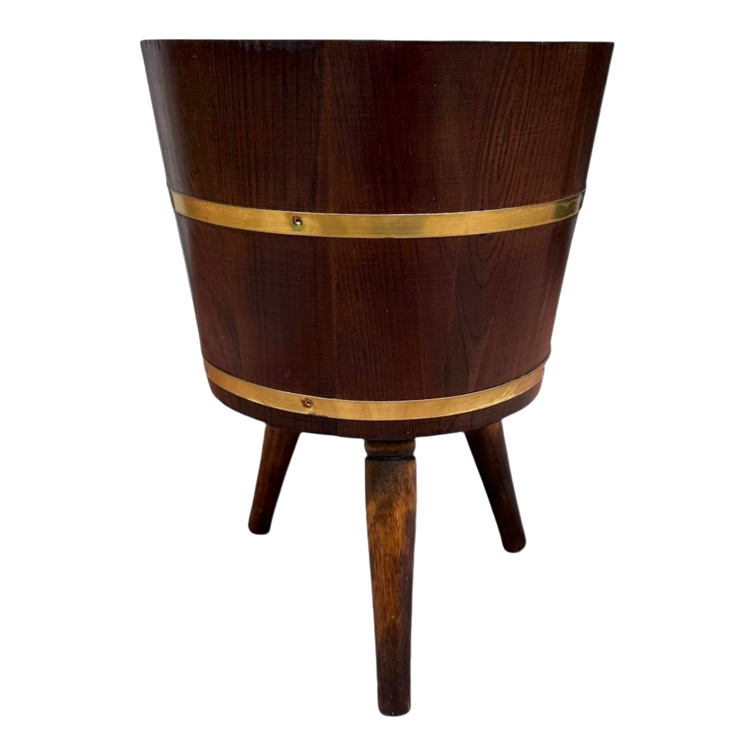 1970s Brass Banded Wood Barrel Tripod Planter Stand: 1970's vintage wooden barrel-style planter with double band brass trim and tapered legs. Multi-purpose as planter, knitting, or decorative kitchen container from grains to root vegetable in the