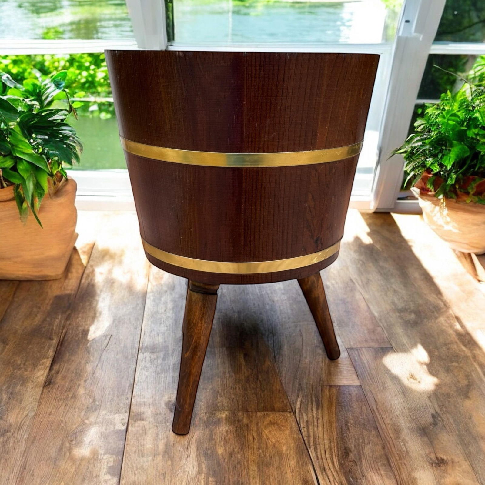 1970s Brass Banded Wood Barrel Tripod Planter Stand - 2