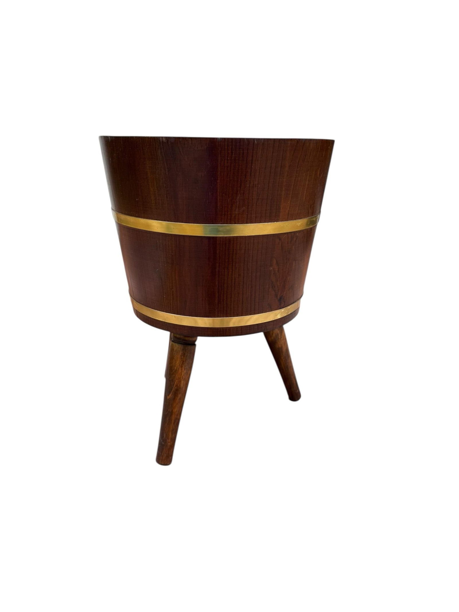1970s Brass Banded Wood Barrel Tripod Planter Stand - 3