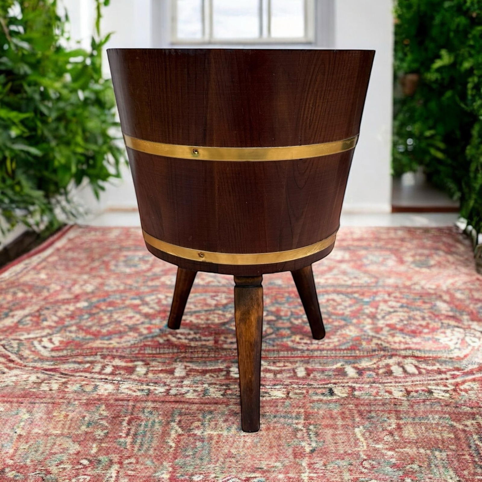 1970s Brass Banded Wood Barrel Tripod Planter Stand - 4