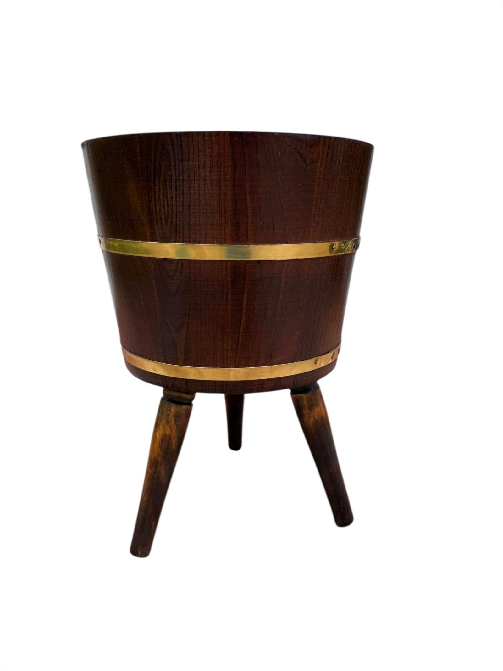 1970s Brass Banded Wood Barrel Tripod Planter Stand - 5