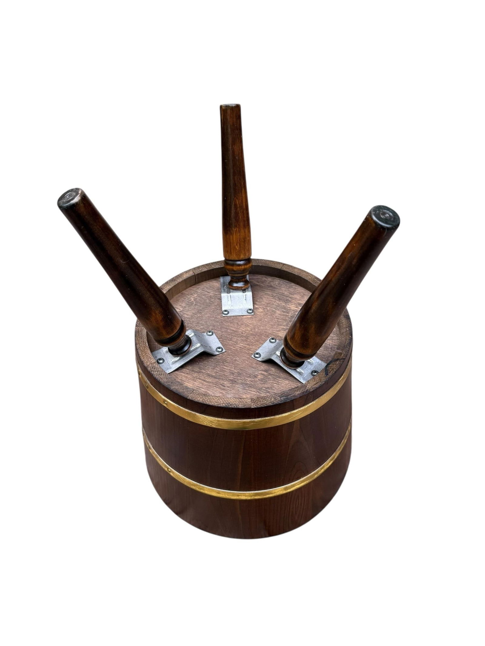 1970s Brass Banded Wood Barrel Tripod Planter Stand - 6