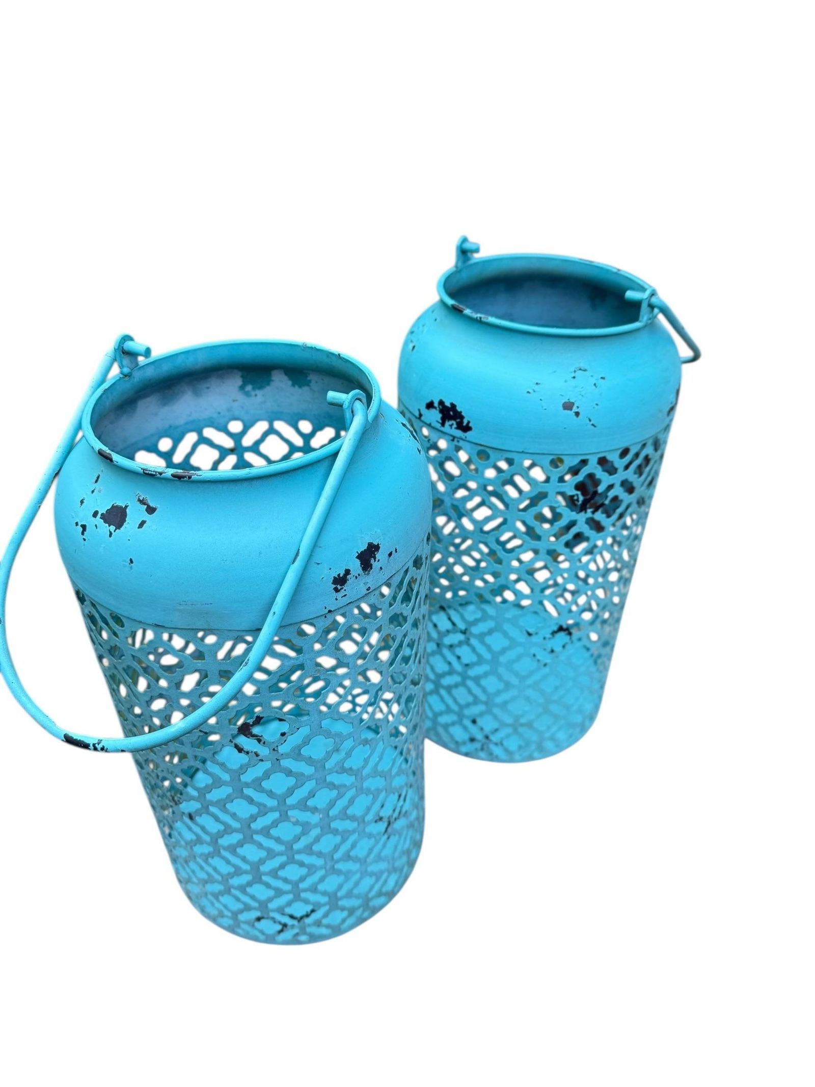 Vintage Blue Patina Lanterns -a Pair - 4