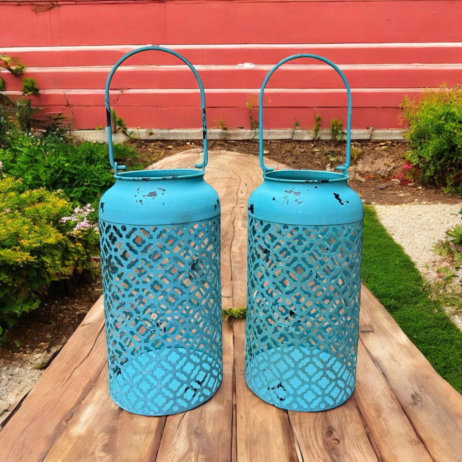 Vintage Blue Patina Lanterns -a Pair - 5