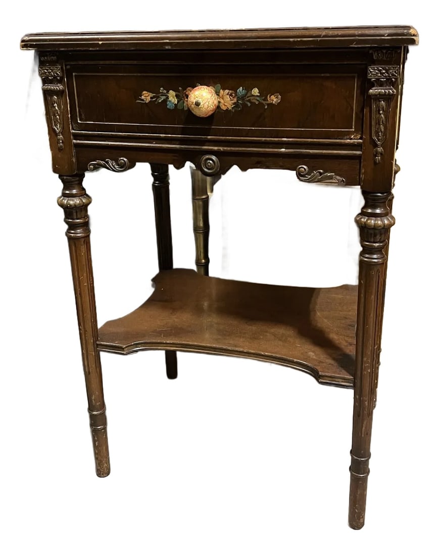 Wooden Mid Century Modern Beside Table With Rose Painted Details: Up for consideration is a beautiful mid century wooden bedside table with rose painted details. This would look lovely on display in your home and it is a great find for the interior design