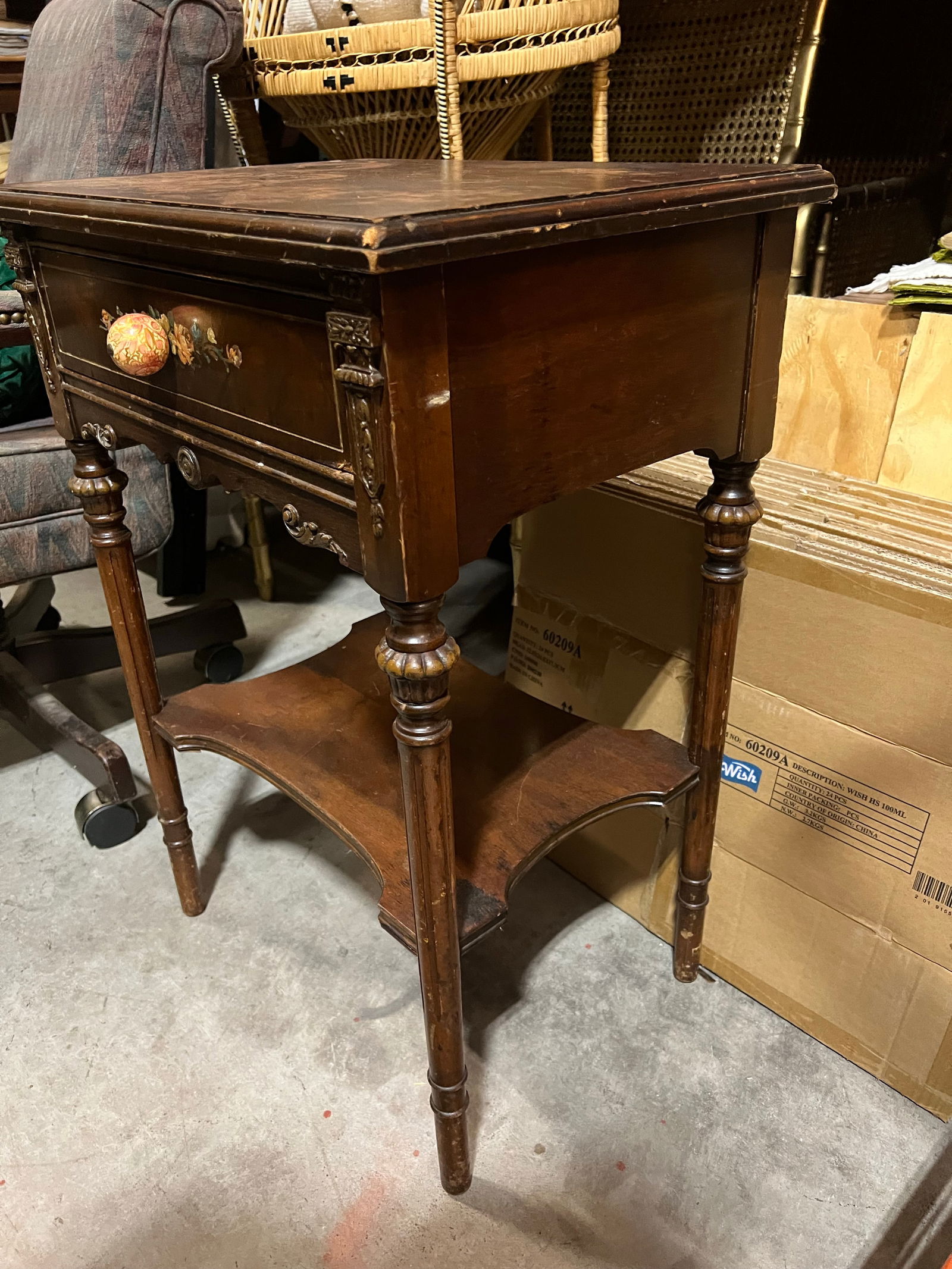 Wooden Mid Century Modern Beside Table With Rose Painted Details - 5