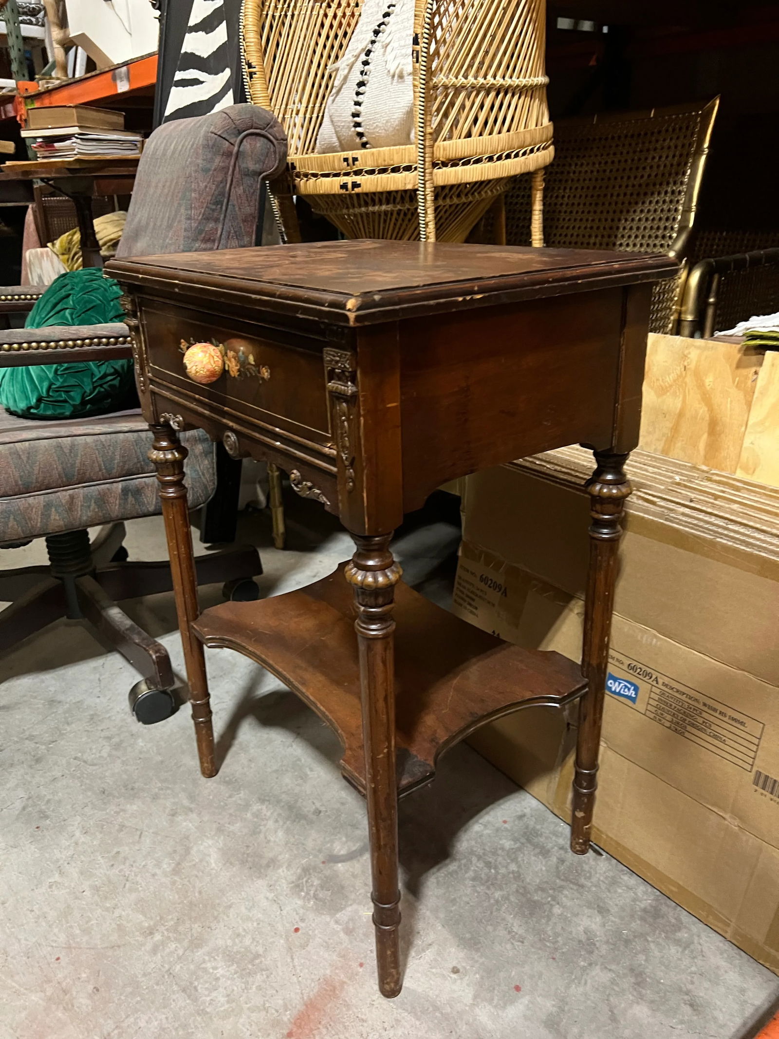 Wooden Mid Century Modern Beside Table With Rose Painted Details - 6