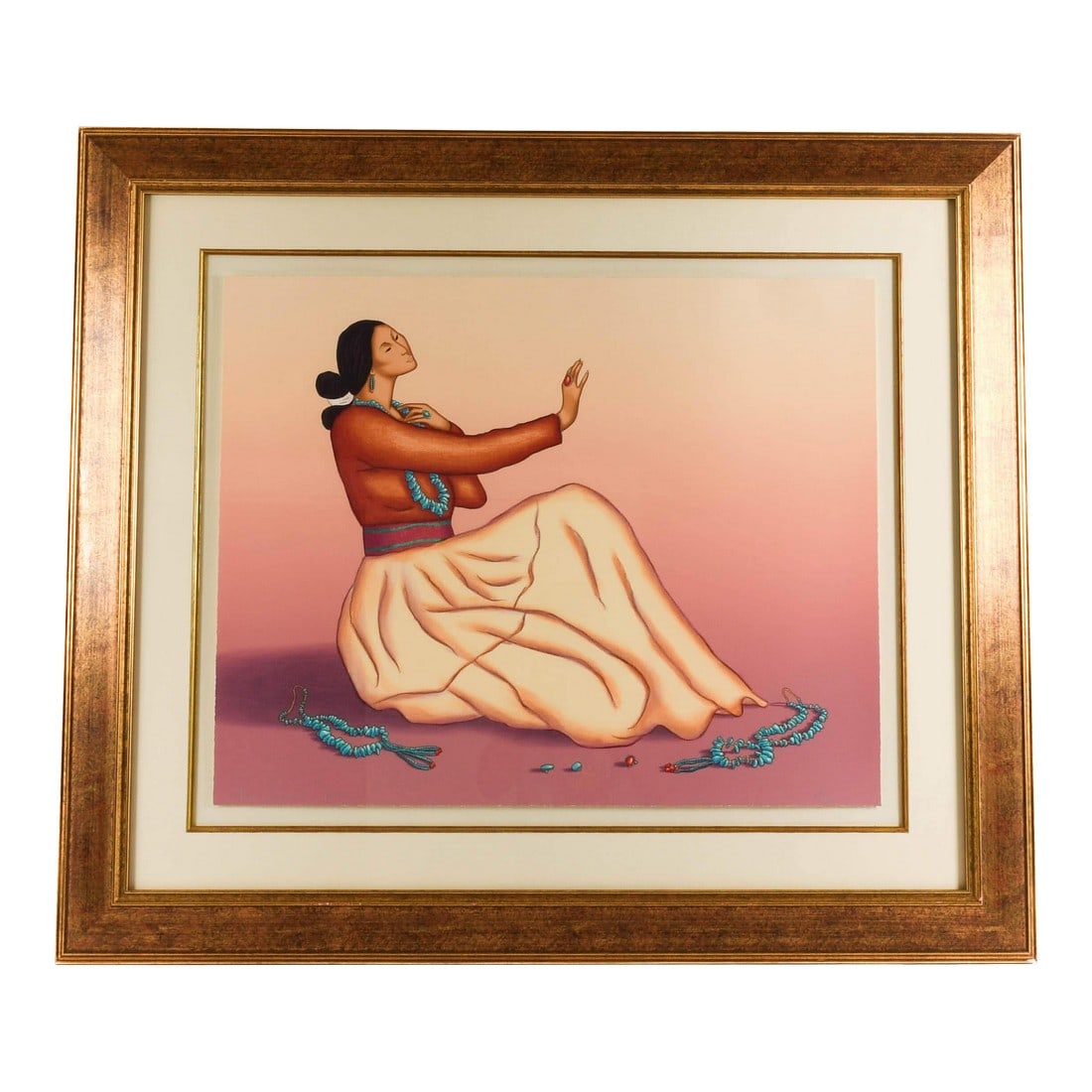 1950s Framed Signed R C Gorman Limited-Edition Lithograph "Harmony in Bloom": R.C. Gorman's "Harmony in Bloom" (83/100) is a graceful meditation on balance, presence, and inner stillness. This signed limited-edition lithograph glows with a radiant pink sky that gently envelops