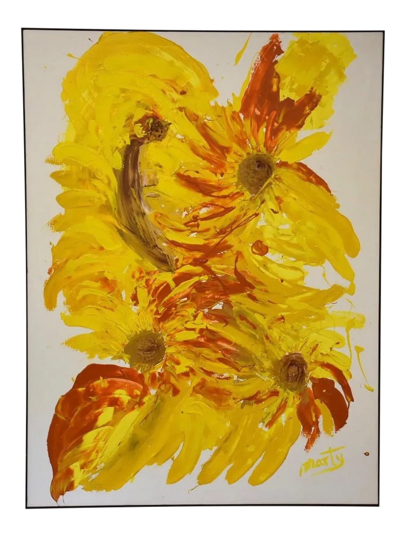 Abstract Yellow Painting Signed "Marty: A mid century modern abstract painting in a vibrant yellow and orange paint. Signed Marty. 54.5" wide. 72.75" tall. Condition: Alterations: Original Condition Unaltered Imperfections: Some
