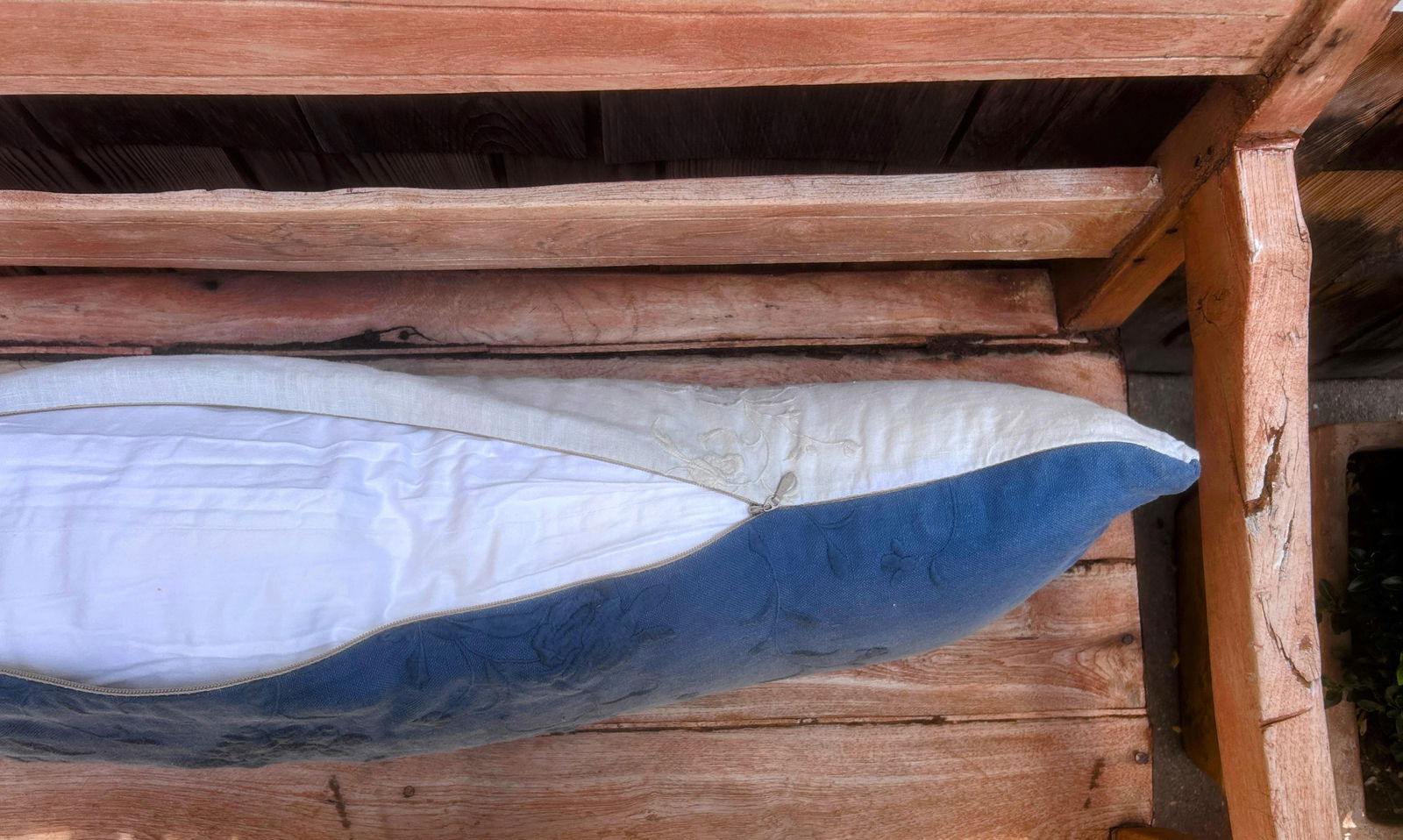 Vintage Bella Notte Linens Long Lumber Pillow in Mineral Blue Linen and Cream White - 3