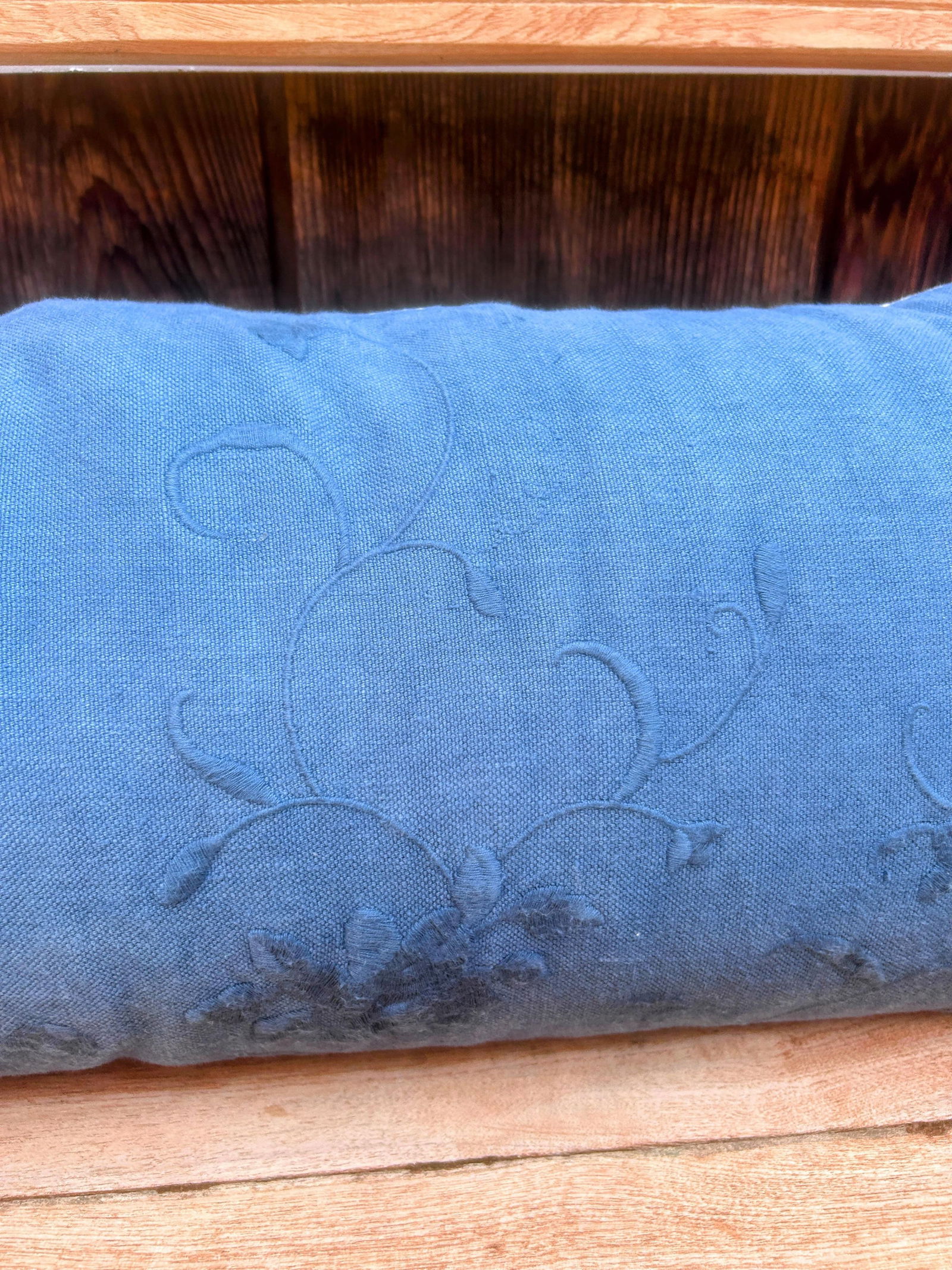 Vintage Bella Notte Linens Long Lumber Pillow in Mineral Blue Linen and Cream White - 5