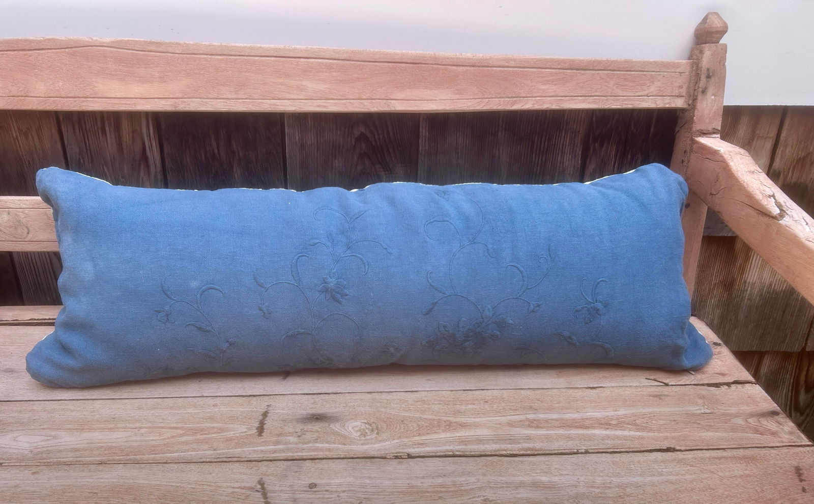 Vintage Bella Notte Linens Long Lumber Pillow in Mineral Blue Linen and Cream White - 6