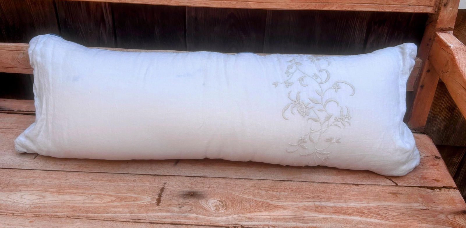 Vintage Bella Notte Linens Long Lumber Pillow in Mineral Blue Linen and Cream White - 7