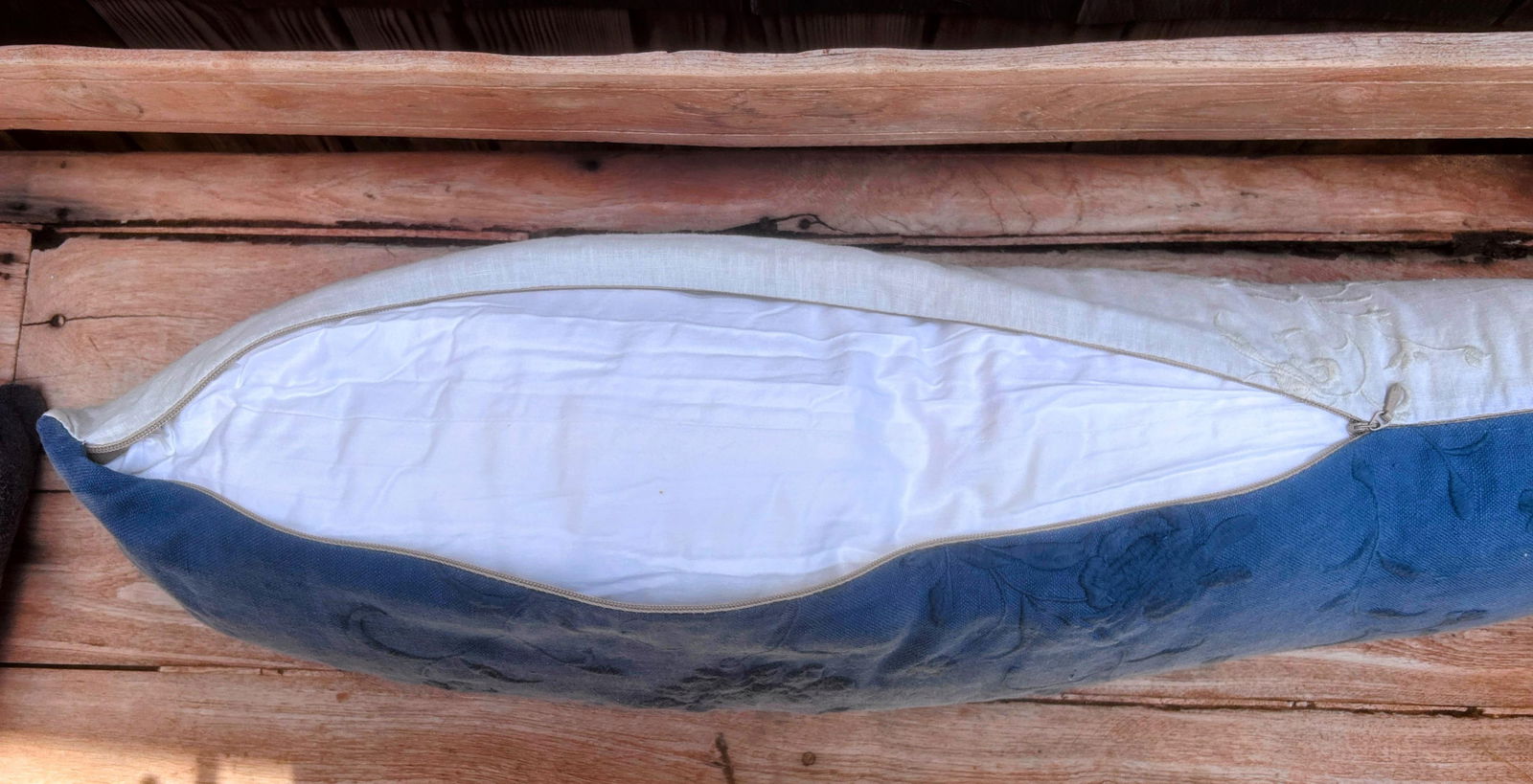 Vintage Bella Notte Linens Long Lumber Pillow in Mineral Blue Linen and Cream White - 8