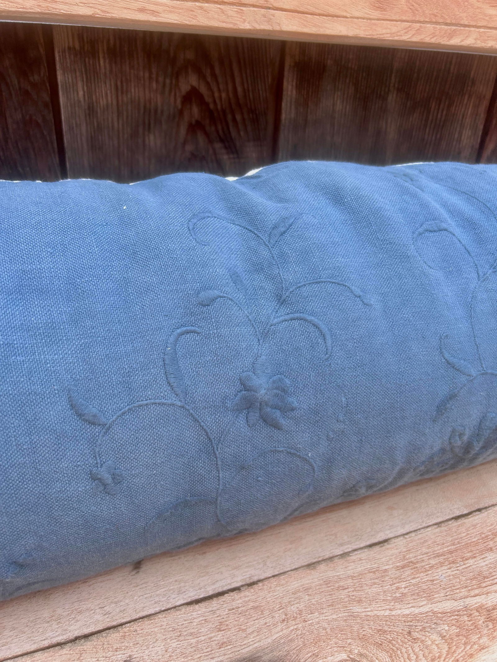 Vintage Bella Notte Linens Long Lumber Pillow in Mineral Blue Linen and Cream White - 9