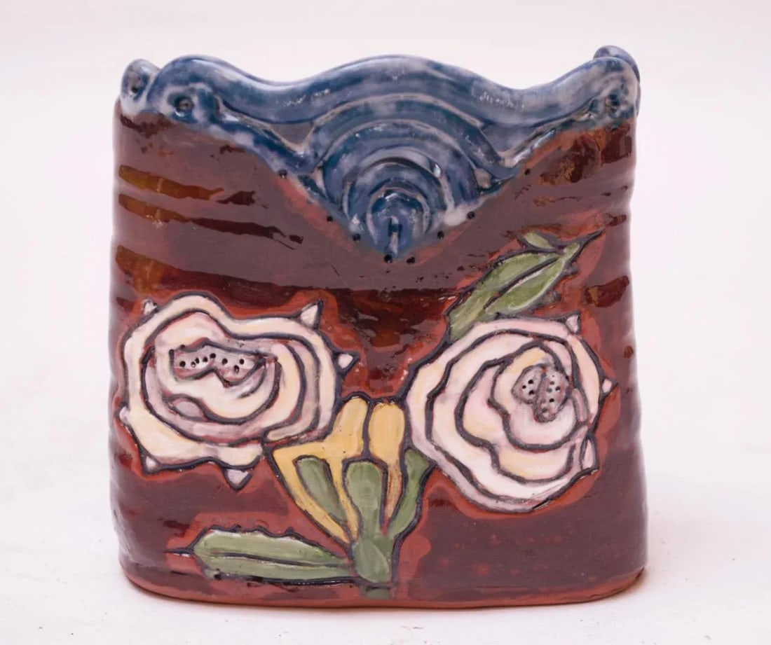 Midcentury Studio Terracotta Floral Vase Signed - 12