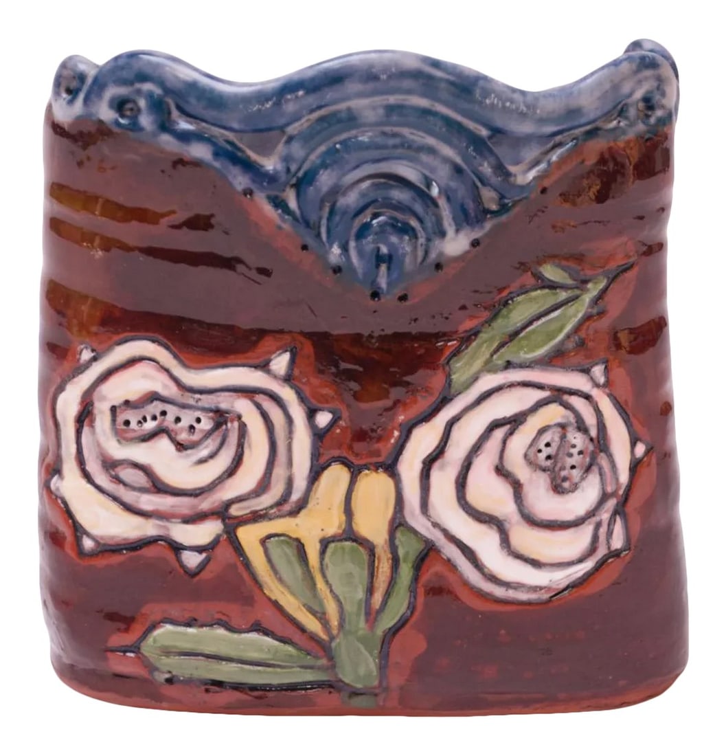 Midcentury Studio Terracotta Floral Vase Signed: Studio terracotta vase with dual-sided floral motif in a high-gloss glaze of red, blue, white green, and yellow (Mid-20th Century, USA). Signed "R" to the underside. Condition: Alterations: Original C