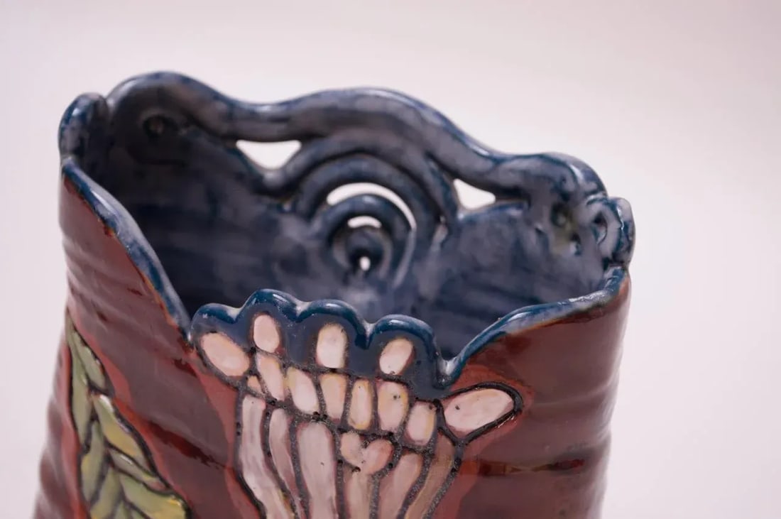 Midcentury Studio Terracotta Floral Vase Signed - 9