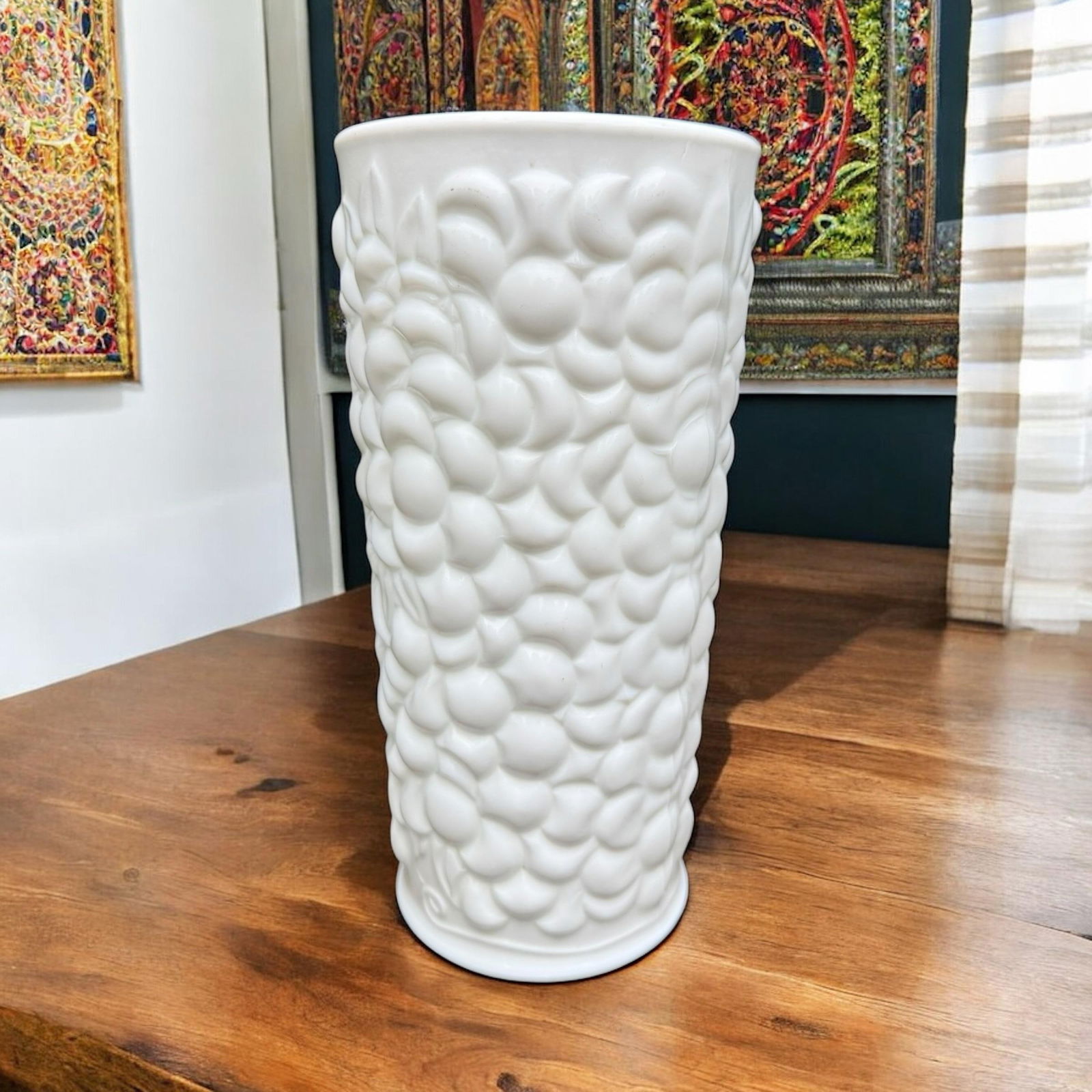 Vintage Grape Botanical Textured Milk White Glass Vase - 5
