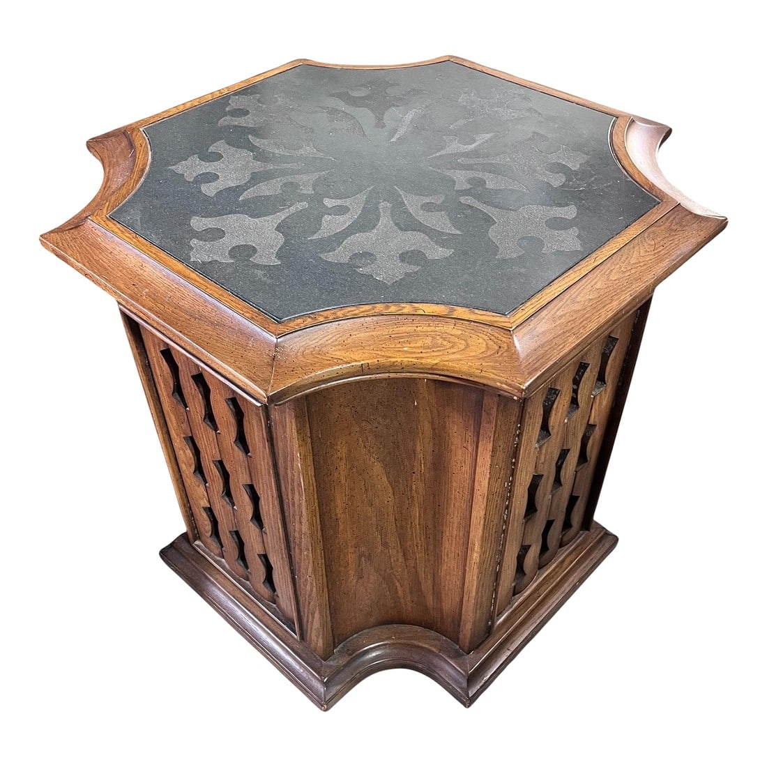 1960s Drexel Spanish Mediterranean Storage Accent End Table With Etched Slate Top: Drexel heritage furniture, Esperanto collection, Spanish Mediterranean, Storage, accent end table with etched slate top. Condition: Alterations: Original Condition Unaltered Imperfections: Some