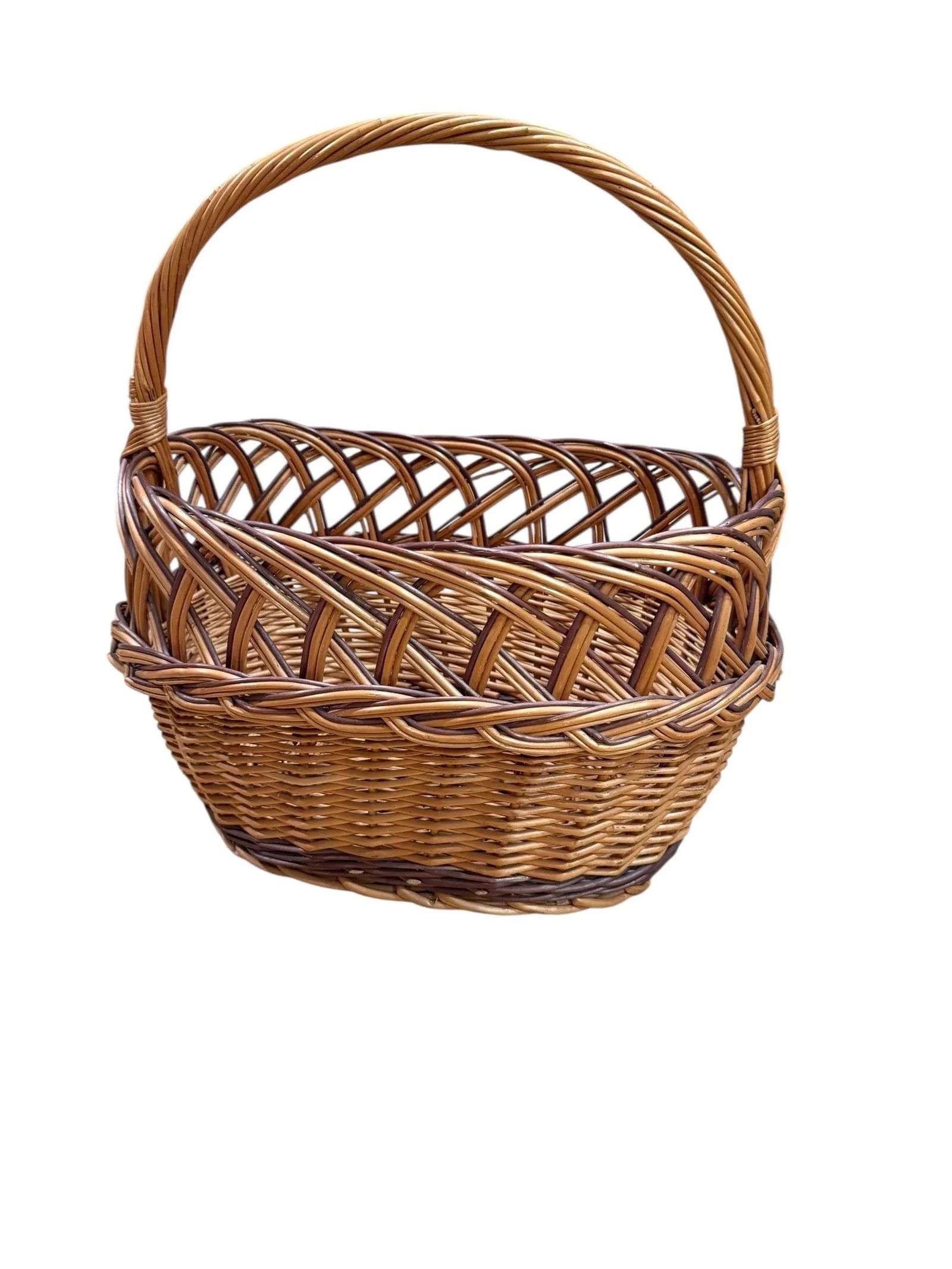 Mid 20th Century Woven Wicker Dual-Tone Harvest Basket - 4