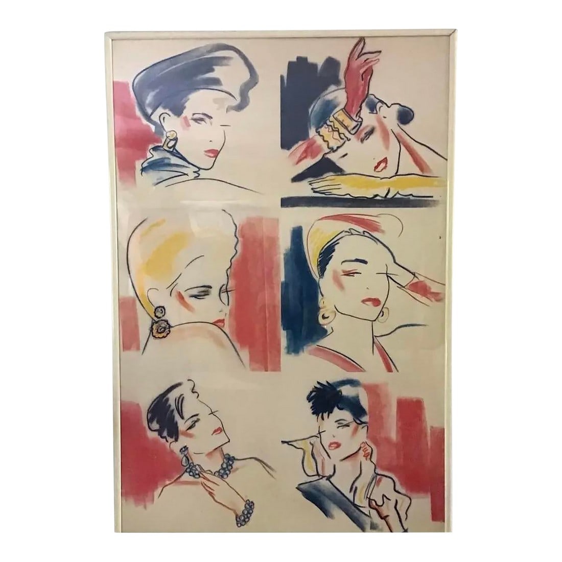 Mid-Century Modern Large Scale Vintage Art Fashion Design Collage Wall Decor, Framed 73.5" X 49.5": Original Mid-Century Modern fashion design wall art collage. Features water color on paper board of six stylized female figure's with prominent facial features and distinctive hairstyle, indicative
