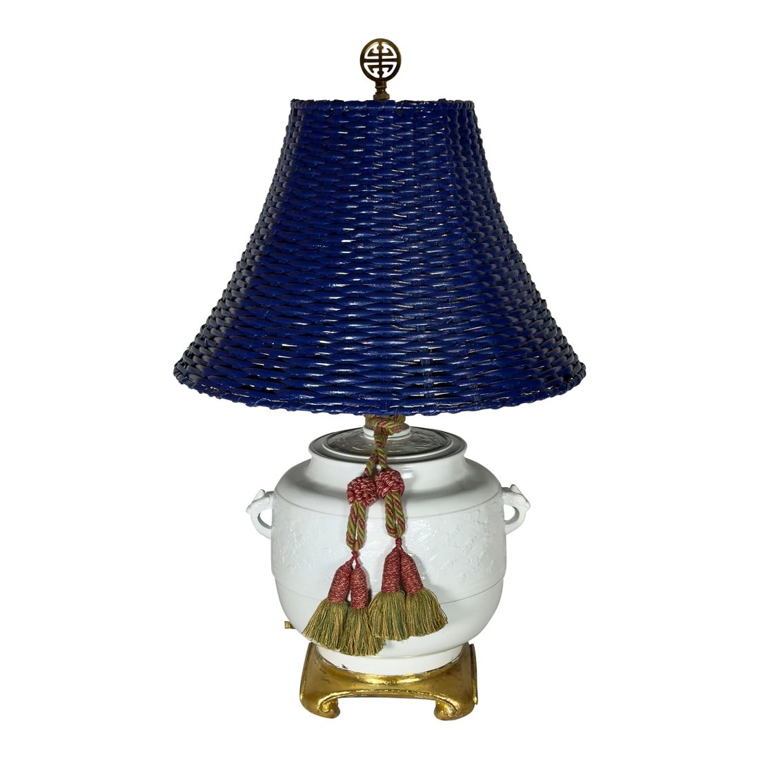 Vintage Chinoiserie White Ginger Jar Table Lamp With Blue Wicker Shade - Newly Painted: Step into a world of timeless elegance with this stunning Vintage Chinoiserie Newly Painted White Ginger Jar Table Lamp, now featuring a beautifully newly painted ink blue wicker shade. Perfectly