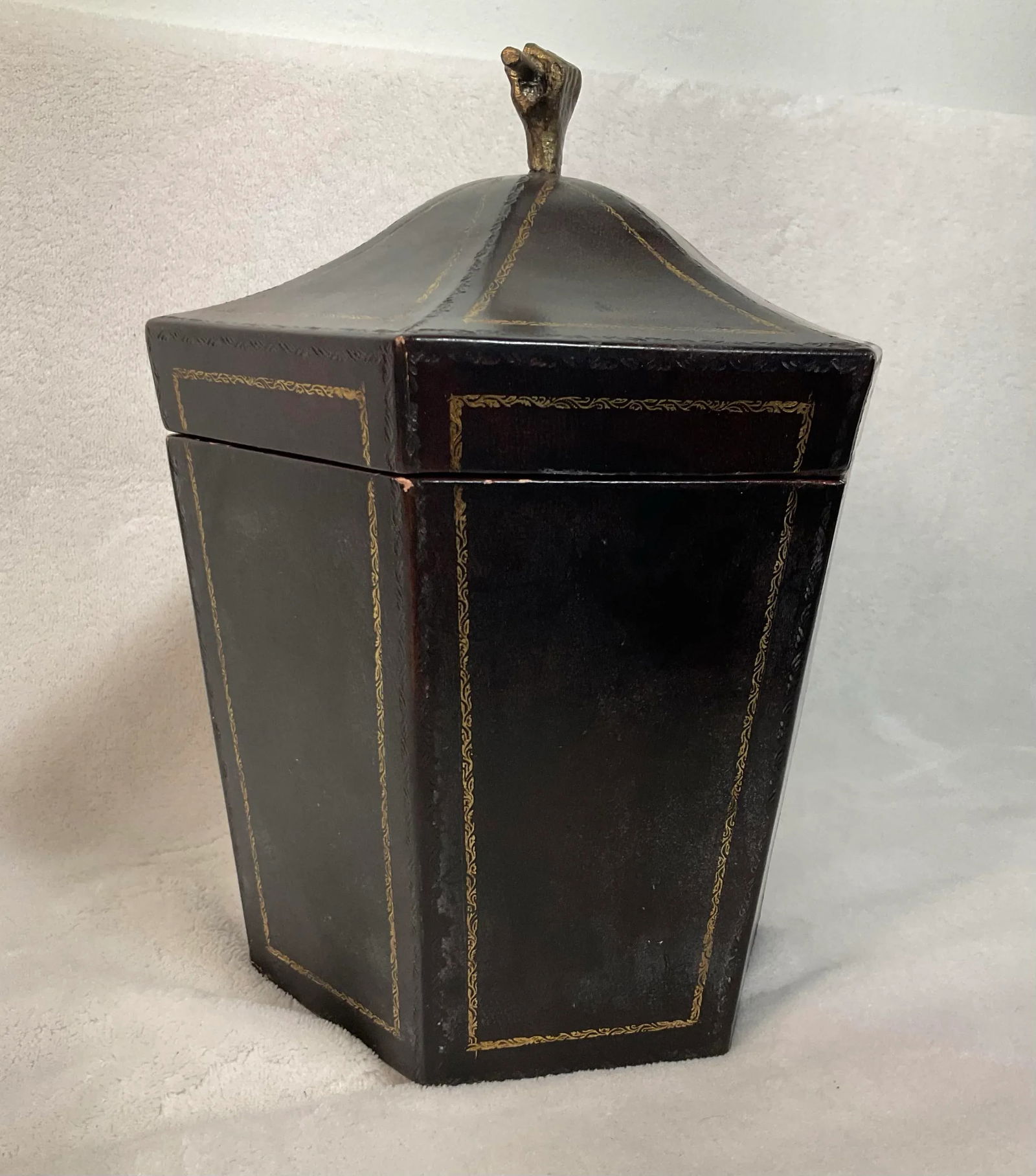 Vintage Tea Caddy Lidded Hexagonal Wooden Box With Brass Fist Finial - 11