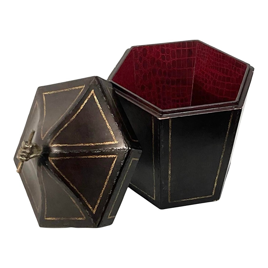 Vintage Tea Caddy Lidded Hexagonal Wooden Box With Brass Fist Finial: Vintage hexagonal Tea Caddy with removable lid with brass fist finial. Lined inside with faux leather. Red felt bottom with foil sticker reads "Made in the Philippines". Fully functional, as it was me