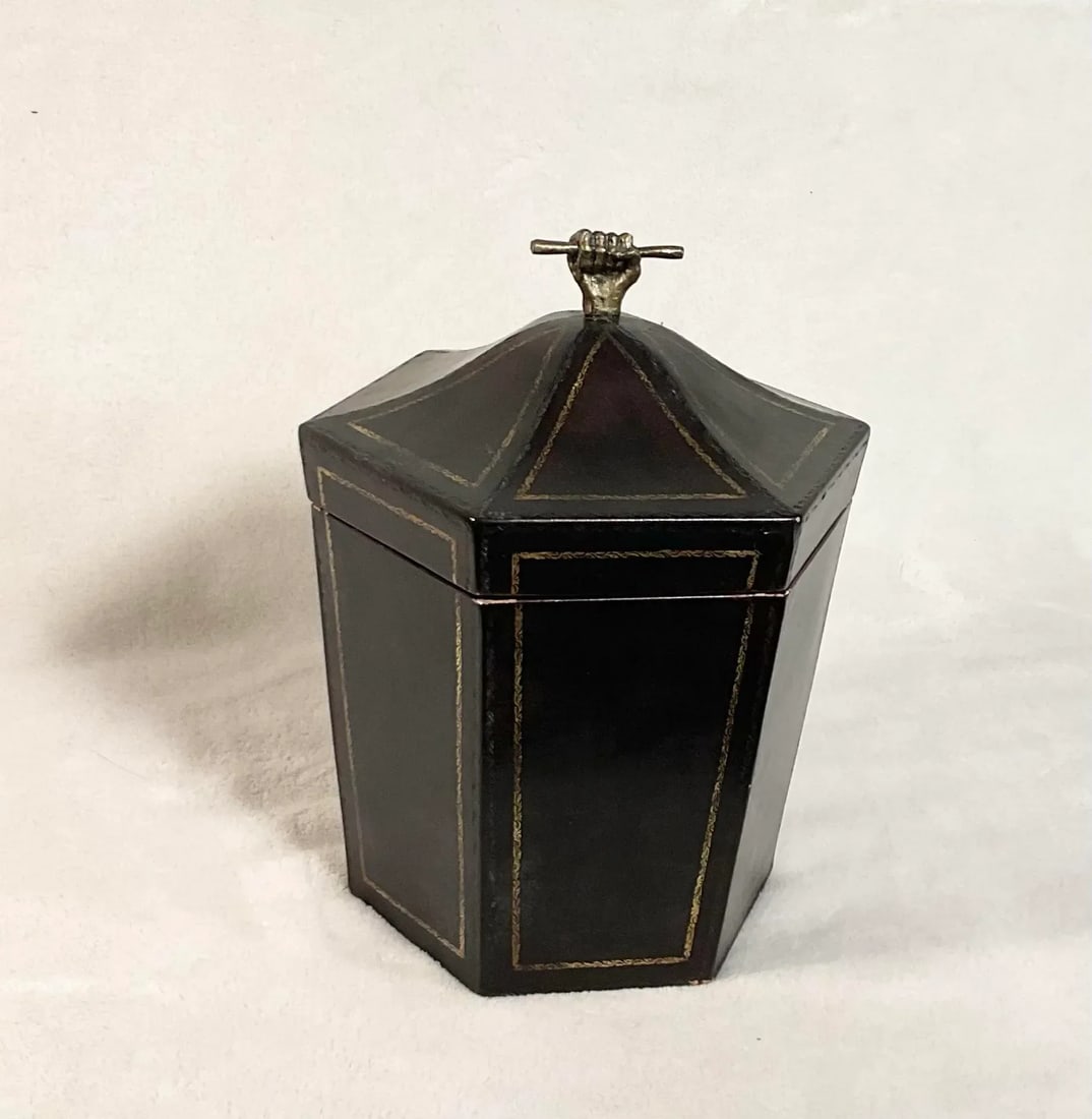 Vintage Tea Caddy Lidded Hexagonal Wooden Box With Brass Fist Finial - 2