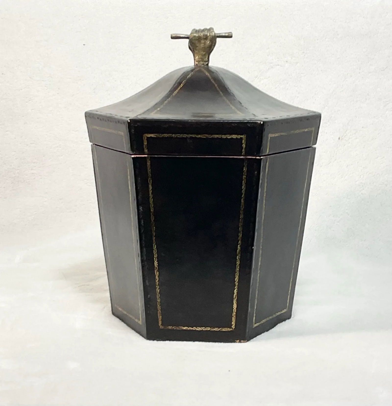 Vintage Tea Caddy Lidded Hexagonal Wooden Box With Brass Fist Finial - 5