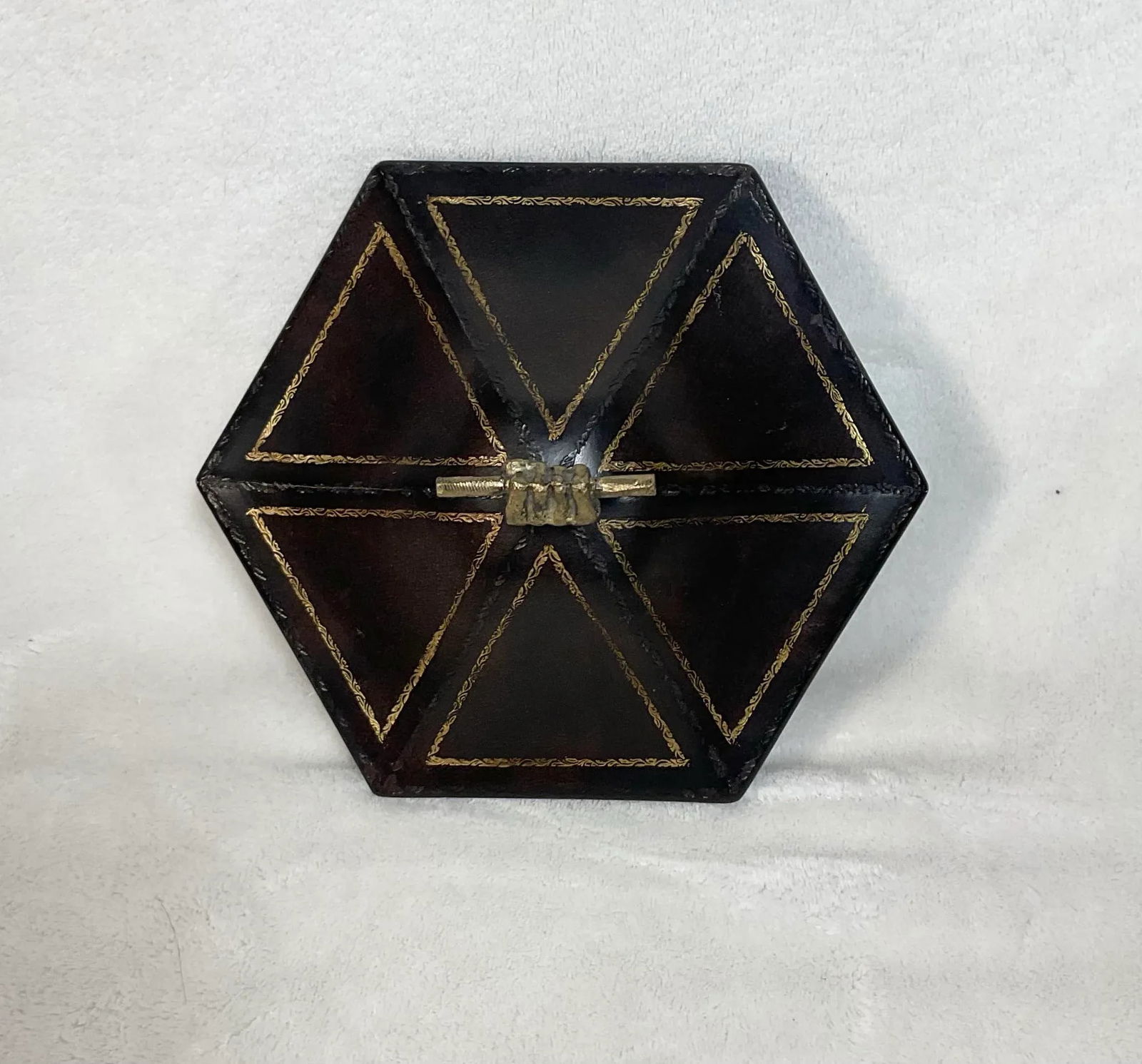 Vintage Tea Caddy Lidded Hexagonal Wooden Box With Brass Fist Finial - 7