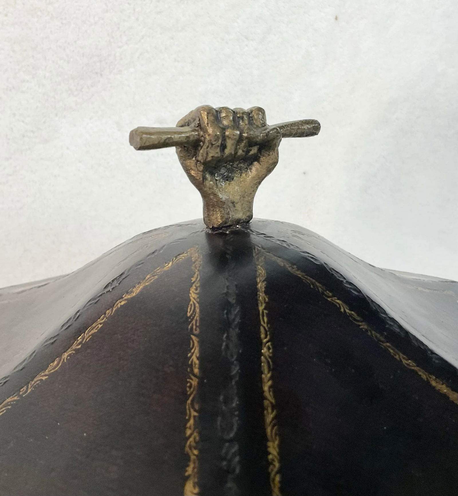 Vintage Tea Caddy Lidded Hexagonal Wooden Box With Brass Fist Finial - 8