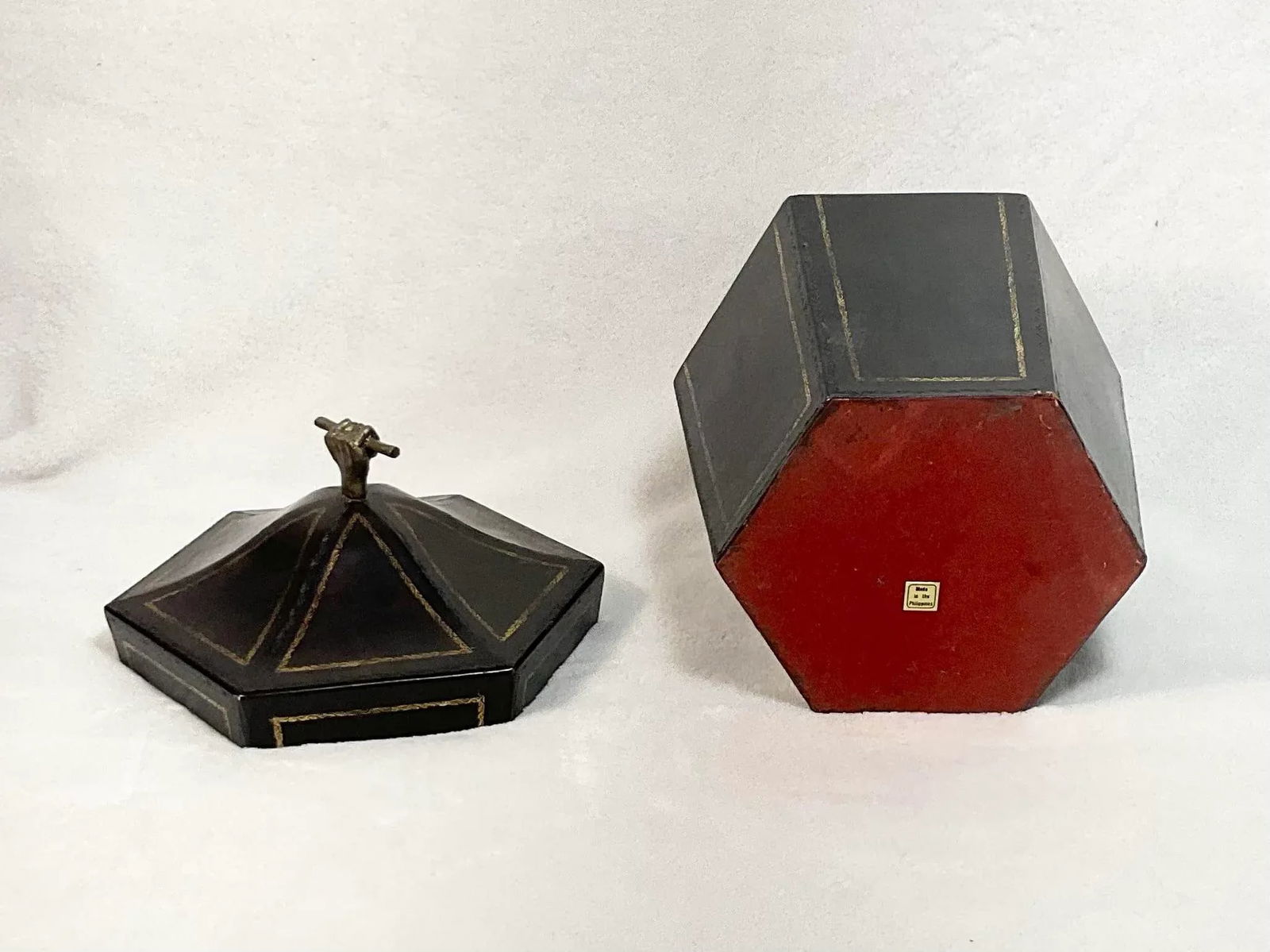 Vintage Tea Caddy Lidded Hexagonal Wooden Box With Brass Fist Finial - 9