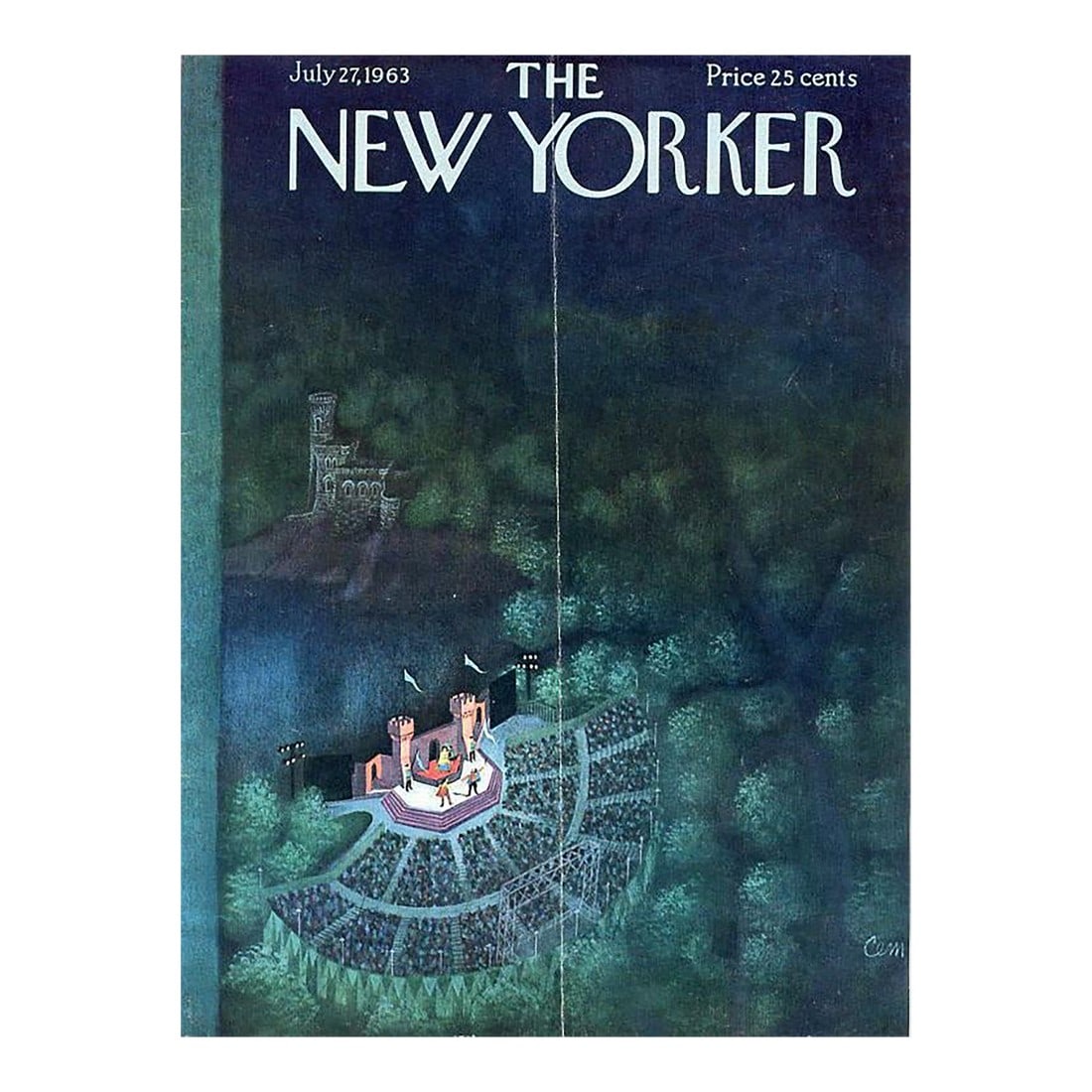 1963 Vintage New Yorker Cover, July 27 (Charles Martin), Original New Yorker Magazine Cover, Central: Original vintage New Yorker magazine cover dated July 27, 1963 featuring a Central Park and Summer Theater theme. Based on an illustration by Charles Martin (1910-1995). This is an authentic New Yorke