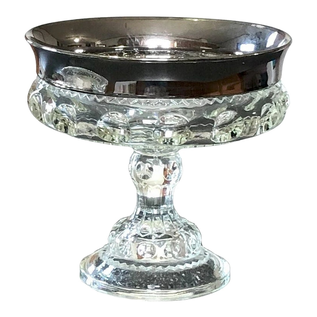 Vintage Indiana Glass, King's Crown Thumb Print Open Compote With a Wide Platinum Trim (1 of 8)