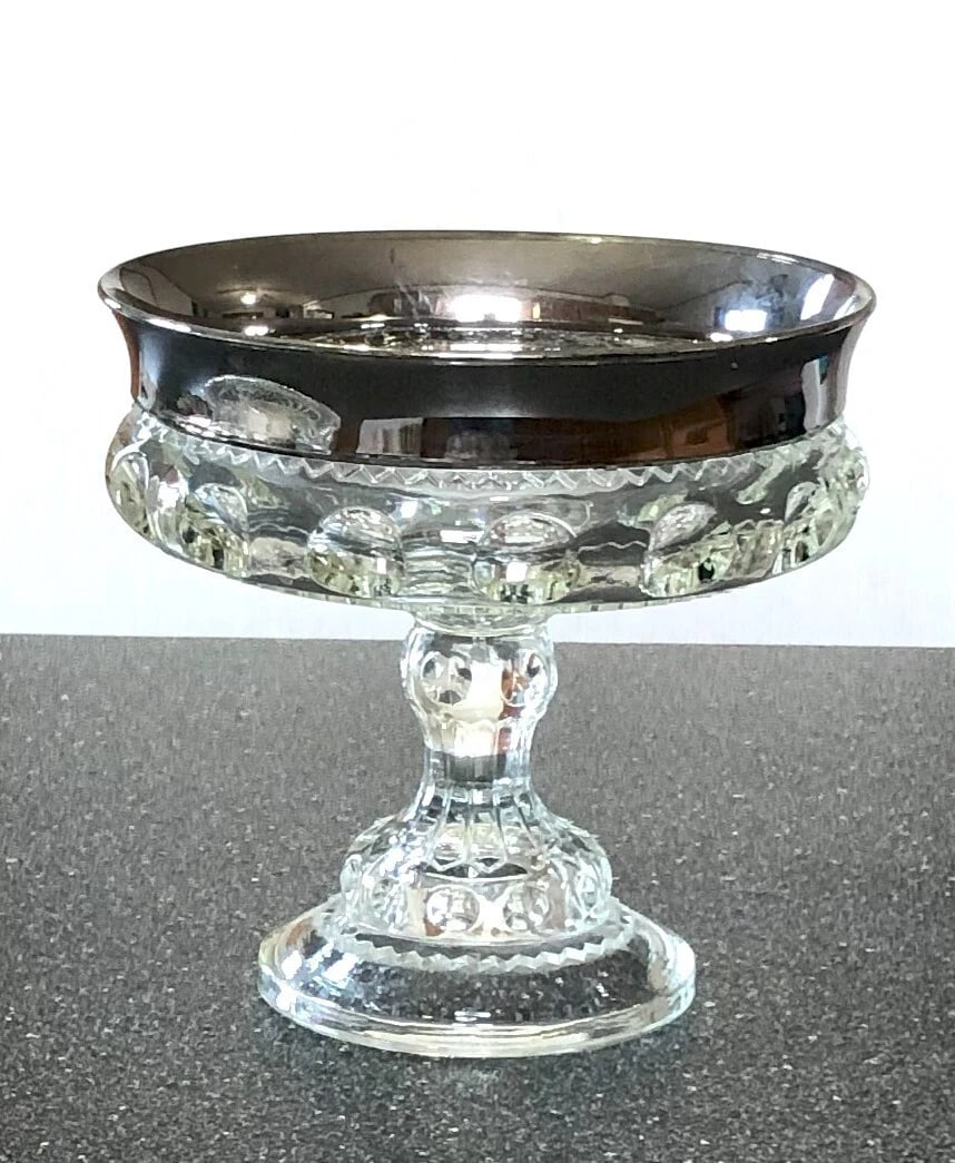 Vintage Indiana Glass, King's Crown Thumb Print Open Compote With a Wide Platinum Trim - 2