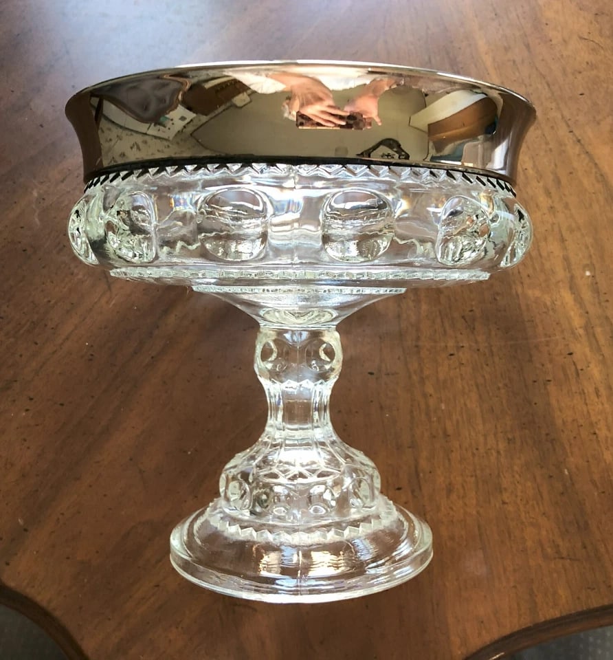 Vintage Indiana Glass, King's Crown Thumb Print Open Compote With a Wide Platinum Trim - 3