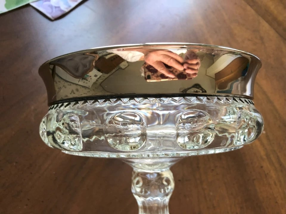 Vintage Indiana Glass, King's Crown Thumb Print Open Compote With a Wide Platinum Trim - 4