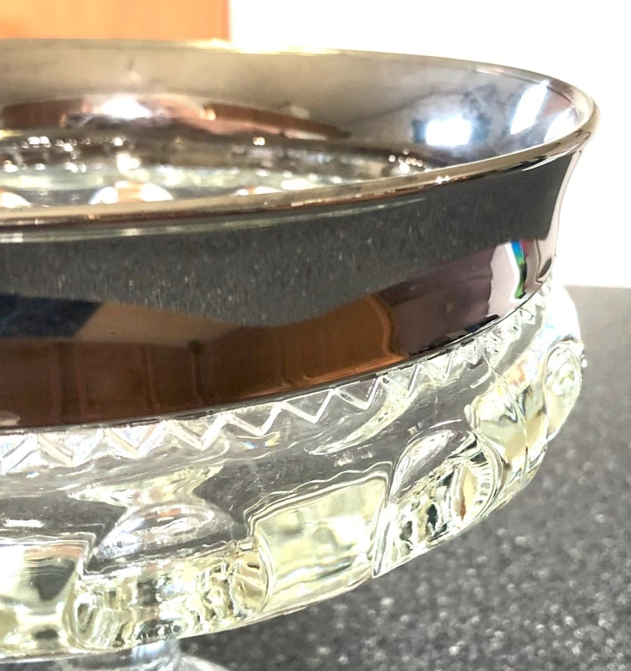Vintage Indiana Glass, King's Crown Thumb Print Open Compote With a Wide Platinum Trim - 5