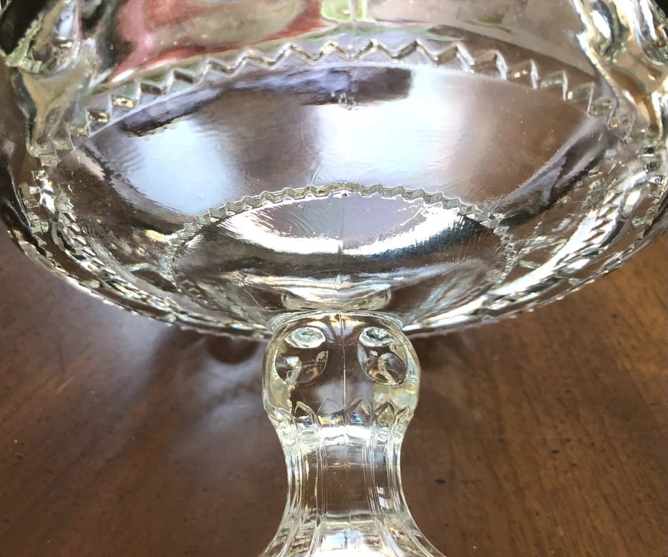 Vintage Indiana Glass, King's Crown Thumb Print Open Compote With a Wide Platinum Trim - 6