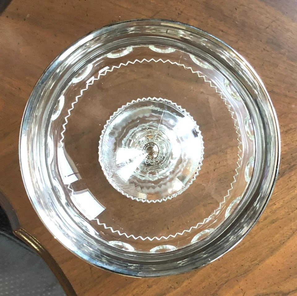 Vintage Indiana Glass, King's Crown Thumb Print Open Compote With a Wide Platinum Trim - 7