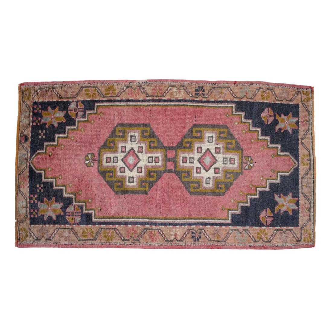 Distressed Low Pile Turkish Yastik Petite Rug Hand Knotted Faded Mat - 23'' X 40'': Vintage rosy brown (desaturated pink) color background yastik rug perfect for a small guest bath or in front of the kitchen sink Dimensions: 23" x 40" or 1'11" x 3'5" Material : Wool on wool. Age: Abo